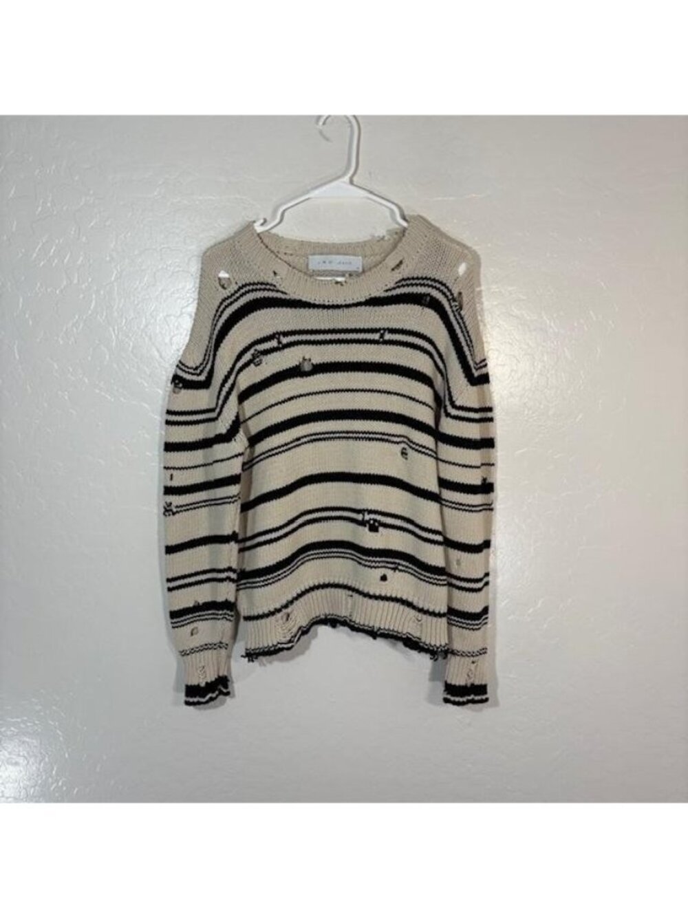 IRO Jeans Sweater Womens Medium Cream Black Striped Distressed IANE Italy Knit